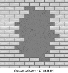 Ilustración vectorial de pared de ladrillo roto con agujero y espacio de copia. Marco de ladrillos blancos y grises para el diseño, tarjeta, cartel. Fondo de piedra con espacio en el centro.   
