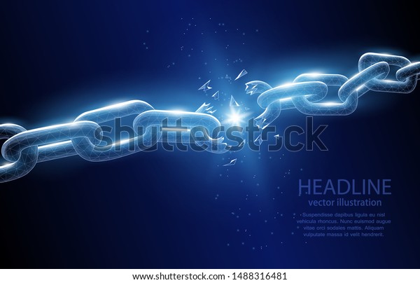 Vector illustration of a broken chain concept\
on a deep blue background: the end of a chain of events,\
partnerships, friendship, or relationships, the end of the old,\
liberation, from\
shackles.