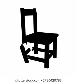 Vector illustration of a broken chair leg on a white background. A broken black chair. The wood is rotten and unusable.