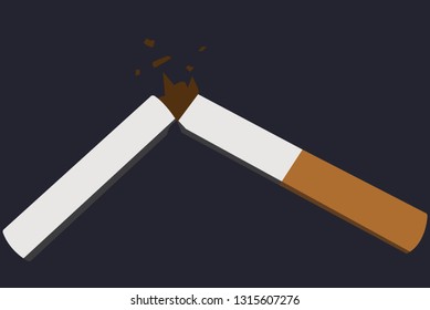 Ilustración vectorial de un cigarrillo roto con un filtro amarillo sobre un fondo texturado. Conceptos: dejar de fumar, vivir sano, estilo de vida sano, cáncer, adicción, mal día.