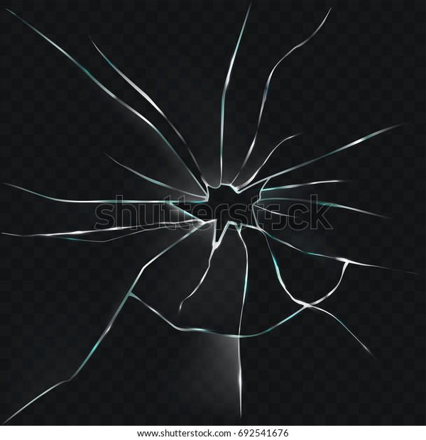 Vector illustration of a\
broken, cracked glass with a hole in a realistic style on a black\
background