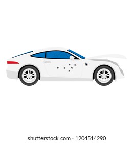 Vector illustration. Broken and damaged car. Bullet holes in sport car. Transport criminal road accident