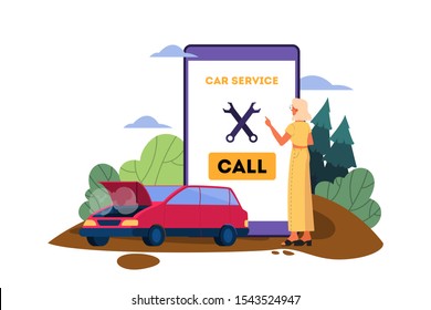 Vector Illustration With Broken Down Car On A Road. Car Breaking Down Accidentally On The Road. Sad And Scared Driver Calling To Car Service To Get Help.