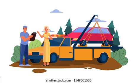 Vector Illustration Of Broken Down Car On A Road. Female Get Help To Transporate Her Damaged Car To Mechanic Service For Repair. Woman Talk To Tow Truck Driver