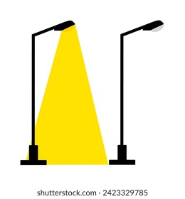 Ilustración vectorial de un poste de luz de calle eléctrica rota con luz muerta aislada sobre fondo blanco. Lámpara de calle amarilla para la iluminación.