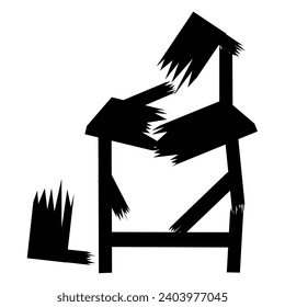 Vector illustration of a broken and fragile wooden chair on a white background. An old chair that has worn out with age.