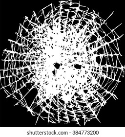 Vector illustration of broken glass with a bullet holes. Black and white background.