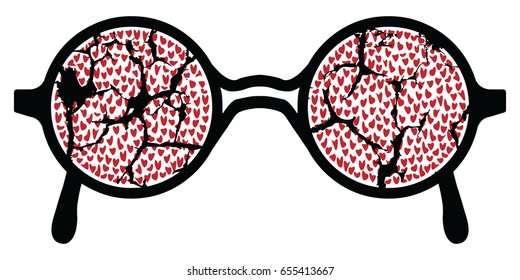 vector illustration of broken glasses and many hearts for unhappy love designs