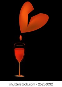 vector illustration of broken heart with blood in wine glass  isolated on black
