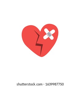 Vector illustration of broken heart  with crack and patch. Heart disease prevention concept. Cardiology icon. Love abuse therapy concept. 