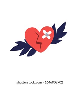 Vector illustration of broken heart  with crack and patch with branch and leaves on background. Heart disease prevention concept. Cardiology icon. Love abuse therapy concept. 