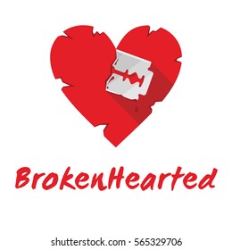 Vector illustration of the broken heart cut by the razor blade. Brokenhearted- logo concept, t-shirt design for lost love, heartbreak or break up theme.