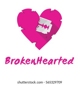 Vector illustration of the broken heart cut by the razor blade. Brokenhearted- logo concept, t-shirt design for lost love, heartbreak or break up theme.