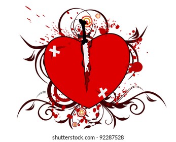 Ilustración vectorial de un corazón roto con un cuchillo sobre fondo blanco floral con sangre para el Día de San Valentín.