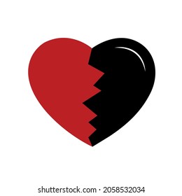 Vector illustration of a broken heart with one half black and the other red, symbol of broken love.