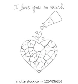 Vector illustration with broken heart, sprout makes its way after it is poured with love from a vessel. Inscription: I love you so much.  Design for party card, banner, poster or print.