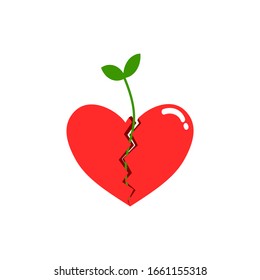 

Vector illustration with broken heart. Sprout Inside Heart. Symbol of Hope.