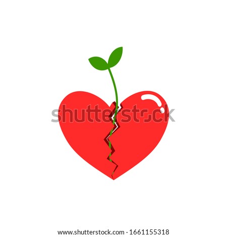 

Vector illustration with broken heart. Sprout Inside Heart. Symbol of Hope.