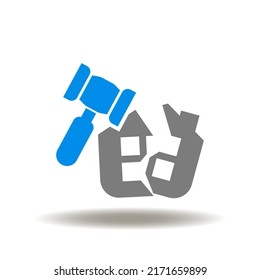 Vector Illustration Of Broken House With Gavel. Icon Of Divorce Law. Symbol Of Divorced Family.