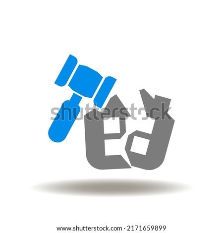 Vector illustration of broken house with gavel. Icon of divorce law. Symbol of divorced family.