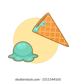 Vector illustration of broken ice cream on yellow background 