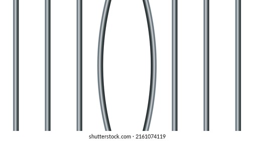 Vector illustration of broken iron prison bars isolated on white background. Metal rods. Steel jail cell bars backdrop. Realistic damaged prison grid background.