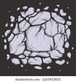 Ilustración vectorial de piedras rotas de mármol. El círculo de caricaturas destrozó rocas blancas y grava con grietas en un fondo oscuro. Terremoto y desastre natural.