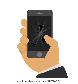 Vector illustration the broken mobile phone in a hand of the person in flat style. The smartphone with the broken screen. Faulty phone in a hand. Universal concept of repair of mobile phones.