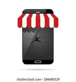 Vector illustration of a broken mobile smartphone with an awning.