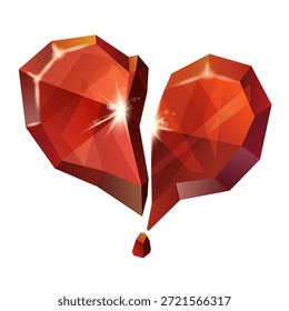 Ilustración vectorial de un corazón de cristal rojo roto que simboliza el dolor, la ruptura y la pérdida de amor.