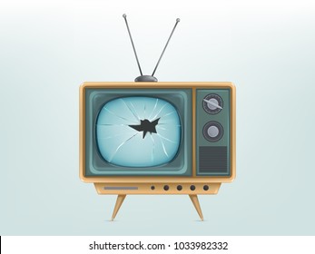 Vector illustration of broken retro tv set, television. Injured vintage electronic video display. Concept for broadcasting, news, communication, entertainment, technology. Media icon