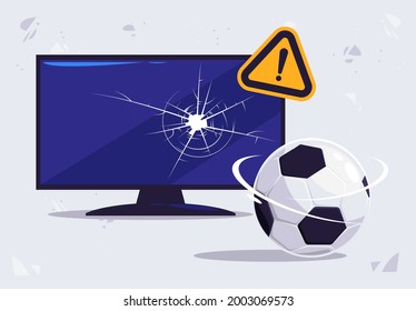 Vector Illustration Of A Broken Screen Of A Large TV With A Soccer Ball, A Soccer Ball Broke The Glass From The TV