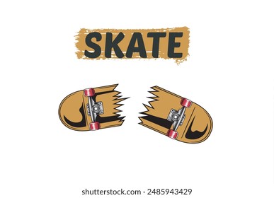 Vector Illustration of Broken Skateboard with Vintage Illustration Available for Tshirt Design