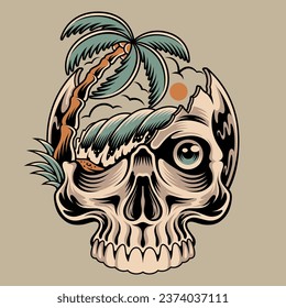 vector illustration of a broken skull with a beach and rolling blue waves.