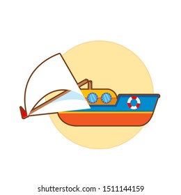 Vector illustration of broken toy ship on yellow background 
