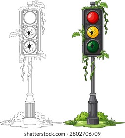 Vector illustration of a broken, vine-covered traffic light in post-apocalyptic style, isolated background