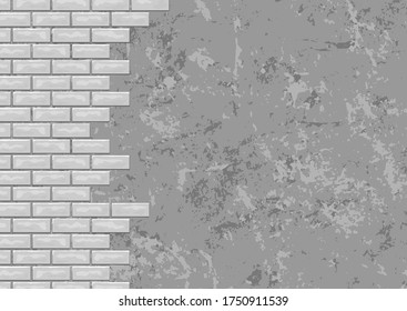 Vector illustration of broken white and gray brick wall and plaster with copy space. Frame of bricks for graphic design, card, banner. Stones grunge backdrop with gap.  