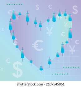 Vector illustration of broker candlesticks in the form of a heart with currencies and graphics. For the design of social networks or other infographics and banners for Valentine's Day.