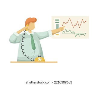 Ilustración vectorial de un intermediario siguiendo los gráficos de cambios en el precio de los valores. Profesión. Estilo plano