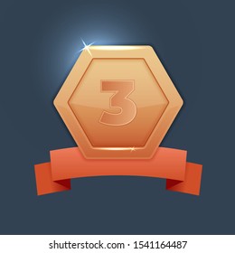 Vector illustration of bronze medal for the 3rd place. Stylish and shiny, isolated. Award or achievement for game ui, reward for winner, element for sport designs.