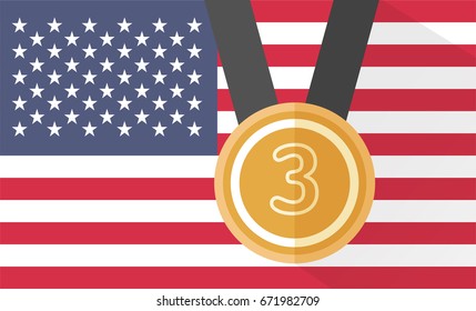 vector illustration of bronze medal with number three on american flag background