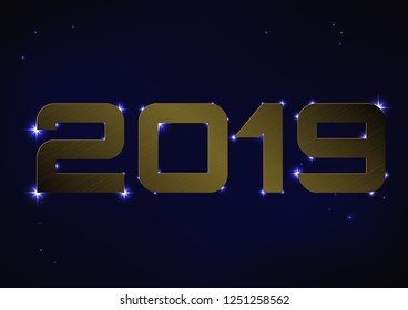 Vector illustration of bronze metallic number 2019 over blue night sky