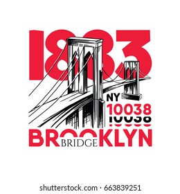 vector illustration. Brooklyn Bridge, New York 1883. Design graphics for the design of T-shirts and clothing.