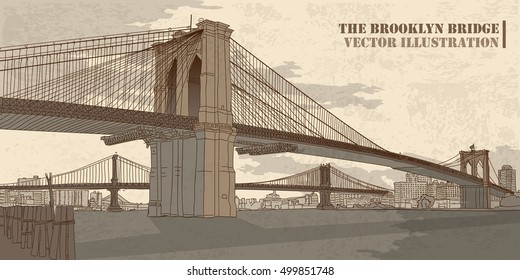 Vector Illustration Brooklyn Bridge. NY.  Drawing In The Lines. On A Vintage Background.