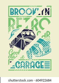  ilustración vectorial. Automóvil retro de Brooklyn. Diseño gráfico para imprimir en camisetas y carteles.