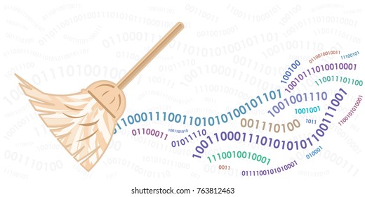 vector illustration of broom and binary code for cleaning or organizing data concept