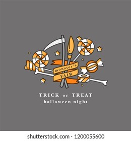 Vector illustration broomstick and reaper with ribbon and candys. Happy Halloween fair