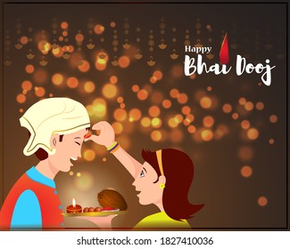 Vector illustration of brother and sister celebrating bhai dooj, Bhai Tika, Indian Hindu festival, coconut, diya and sweets in pooja thali, vector banner on beautiful bokeh background.