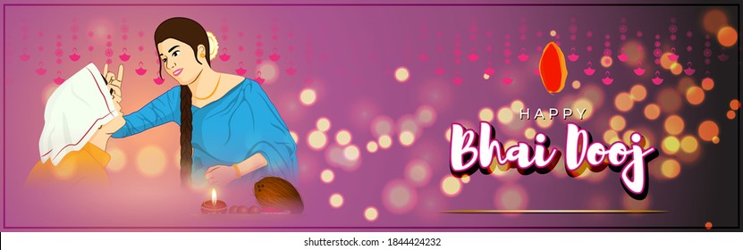 Vector illustration of brother and sister celebrating bhai dooj, Bhai Tika, Indian Hindu festival, coconut, diya and sweets in pooja thali, vector banner on beautiful bokeh background.