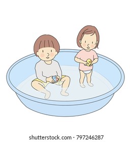 Vector illustration of brother and sister playing in inflatable swimming pool. Early childhood development activity, child playing, family, happy children day concept. Cartoon character drawing.